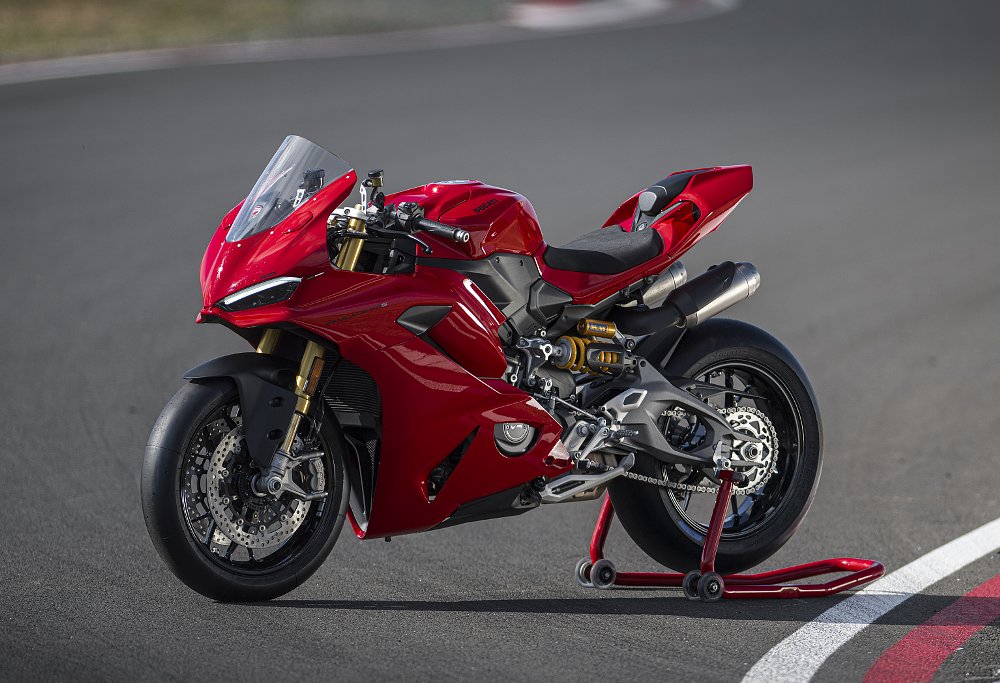 2025 Ducati Panigale V2 parked on a track stand on a race track.