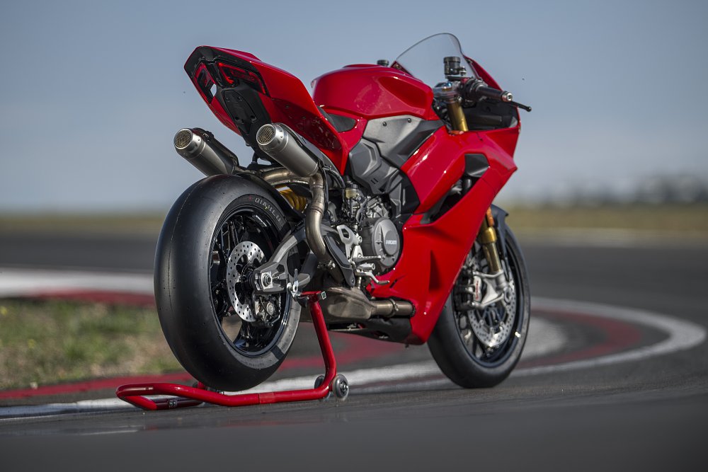 2025 Ducati Panigale V2 rear end detail, parked on a track track.