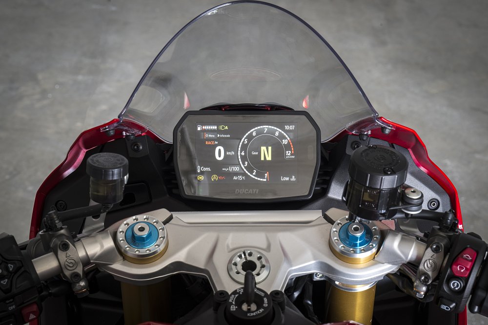 2025 Ducati Panigale V2 TFT dash and cockpit detail.