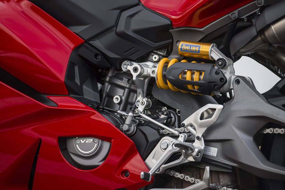 2025 Ducati Panigale V2 shock and shift linkage detail.