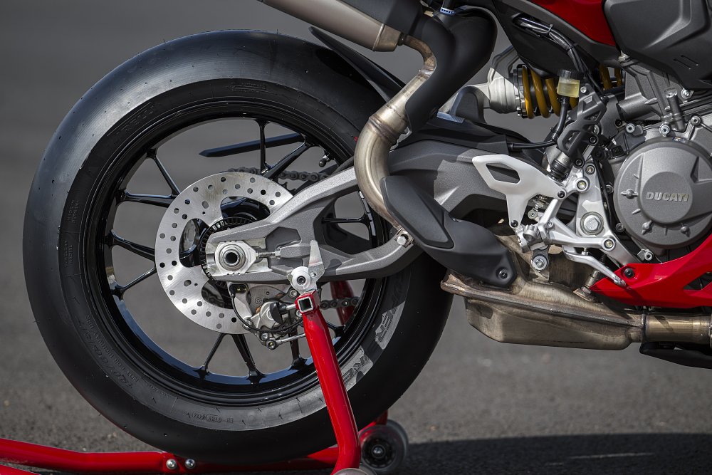 2025 Ducati Panigale V2 rear wheel and swingarm detail.
