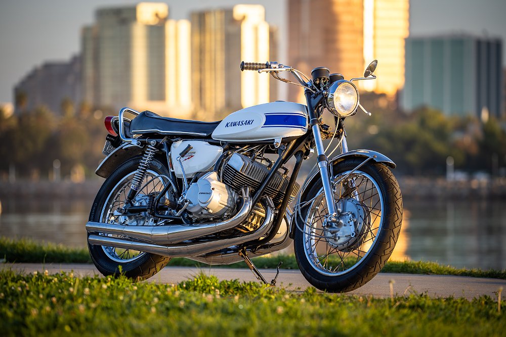 Restored 1969 Kawasaki H1 Mach III at sunrise in Long Beach, CA.