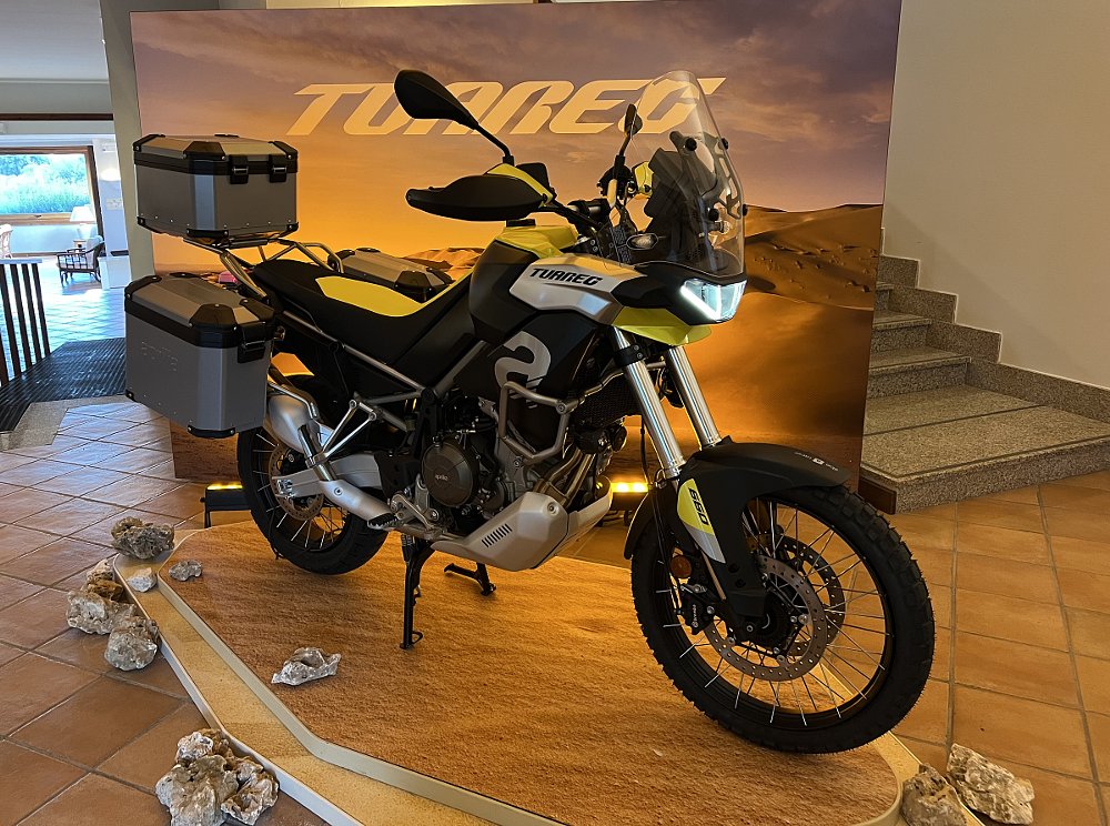 Aprilia Tuareg parked on display in a hotel lobby