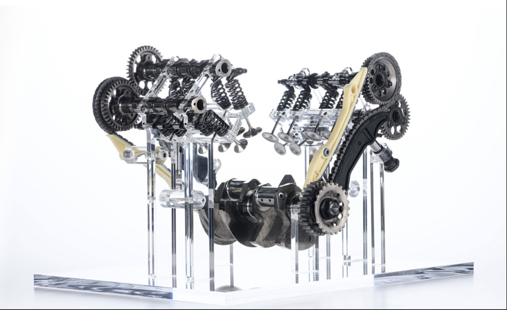 Exploded view of the Ducati V4 Granturismo valvetrain.