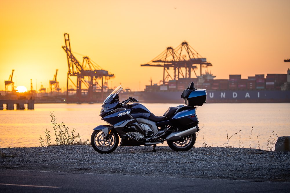 BMW's K 1600 GTL at sunset on Long Beach's Terminal Island