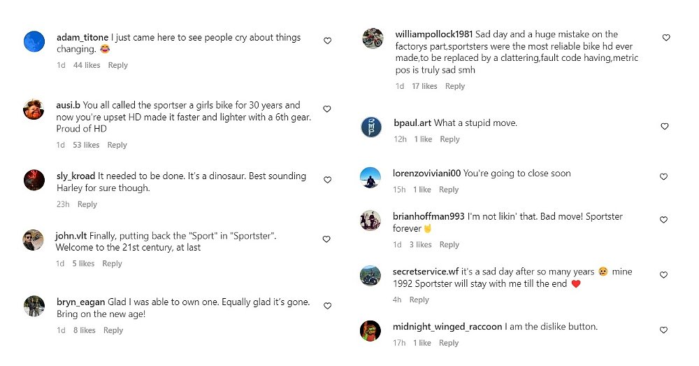 reactions on Instagram to the end of Evo Sportster production