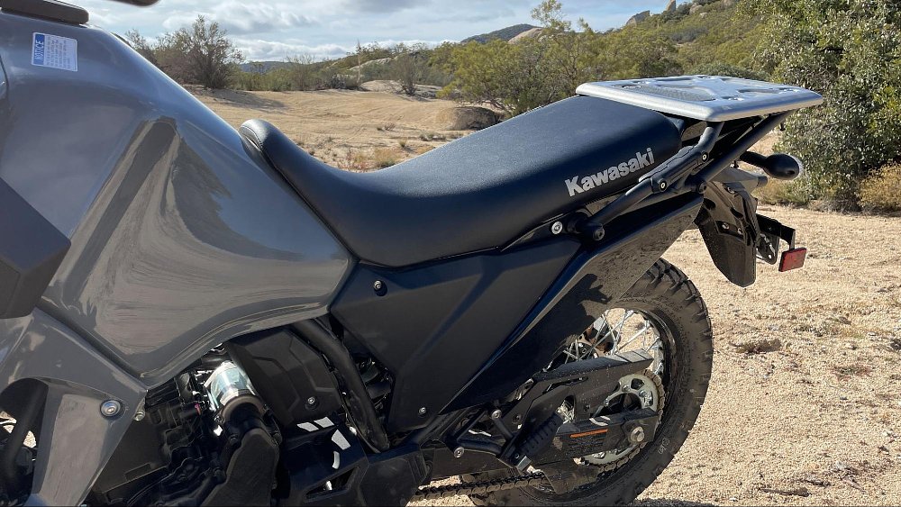 A close up view of the slim profile seat of the KLR650 S