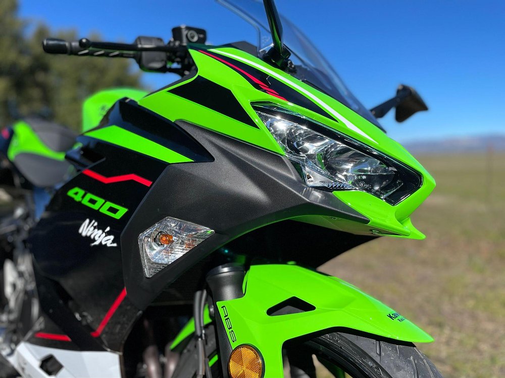a close up of the Ninja 400 headlight assembly and fairing