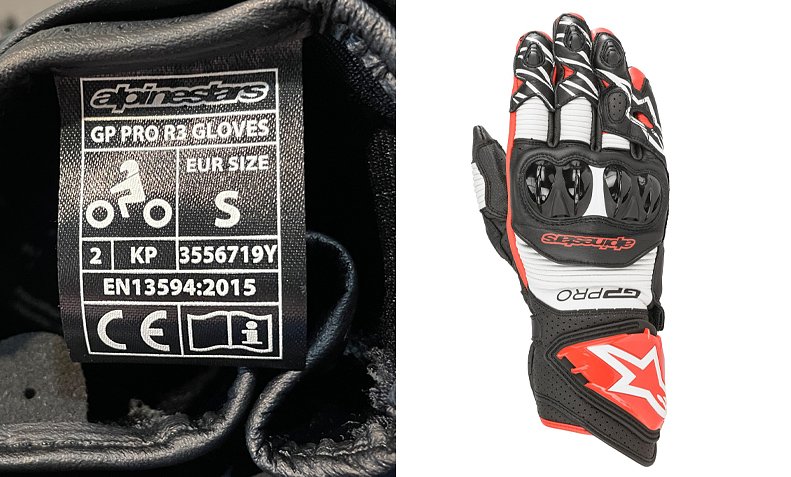 A photo of Alpinestars racing gauntlet glove and CE tag