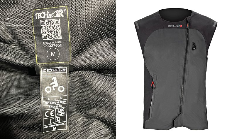A view of the Tech Air vest and its CE tag