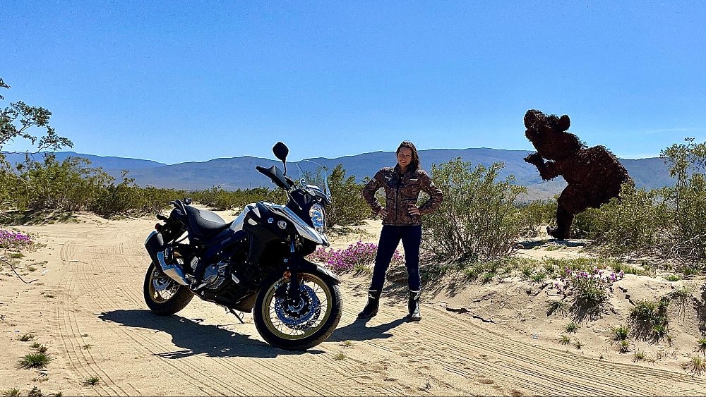 A photo of V-Strom, female test rider Jen, and a dinosaur metal scultpure in the anza borrego desert
