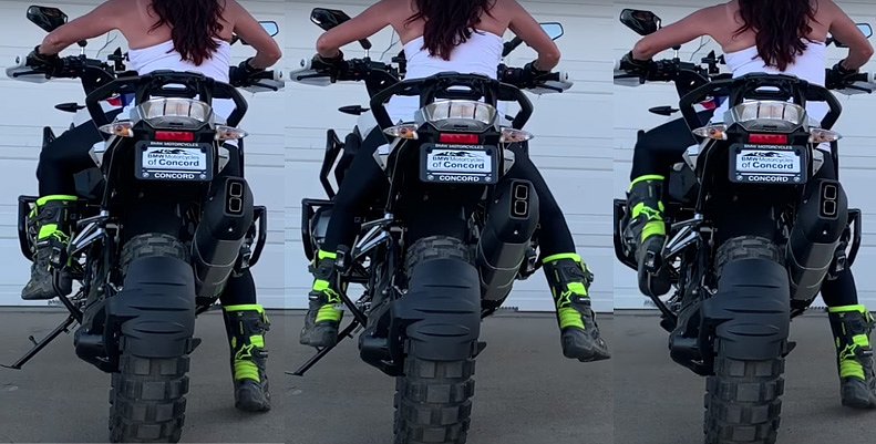 jocelin snow in 3 motion photos getting the kickstand up on a BMW gs1250