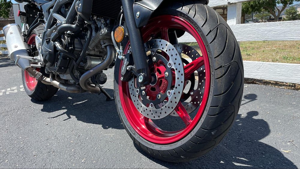 a close up view of front tire on sv650