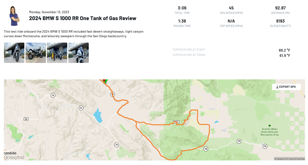 A graphic illustration of the map of the street test route on the bmw s 1000 rr