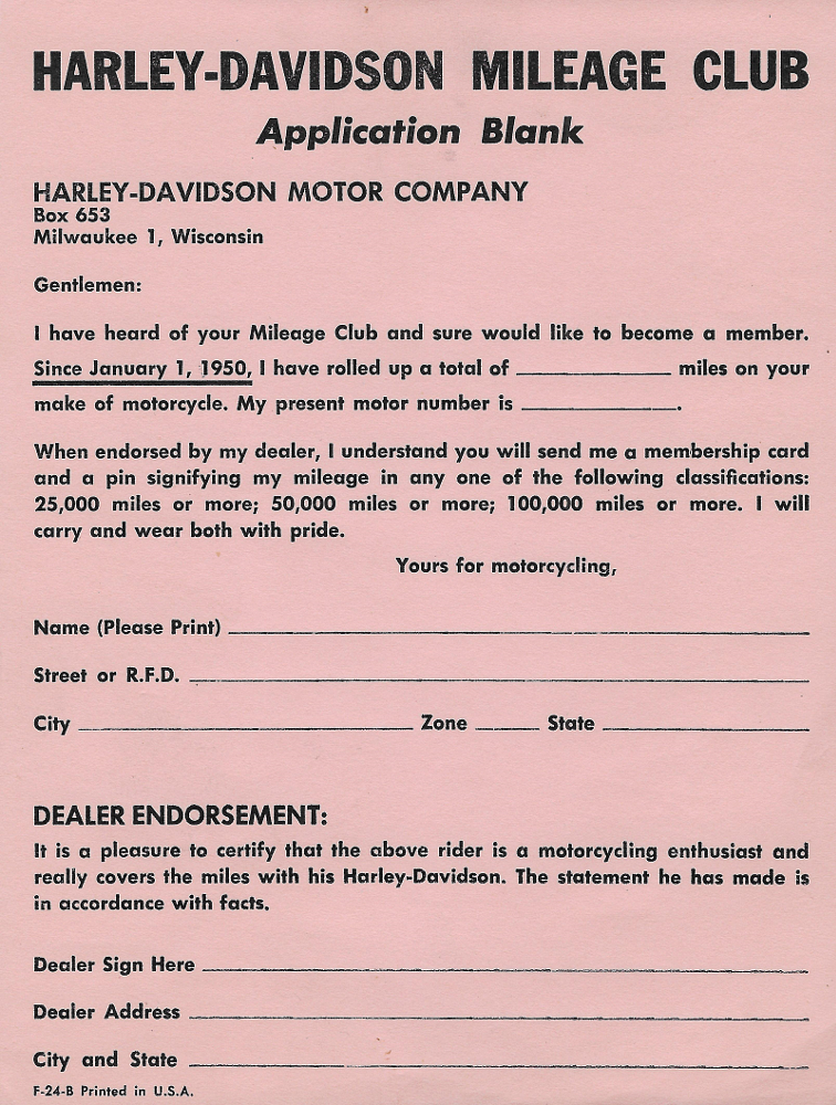original application form for Harley-Davidson's Mileage Club