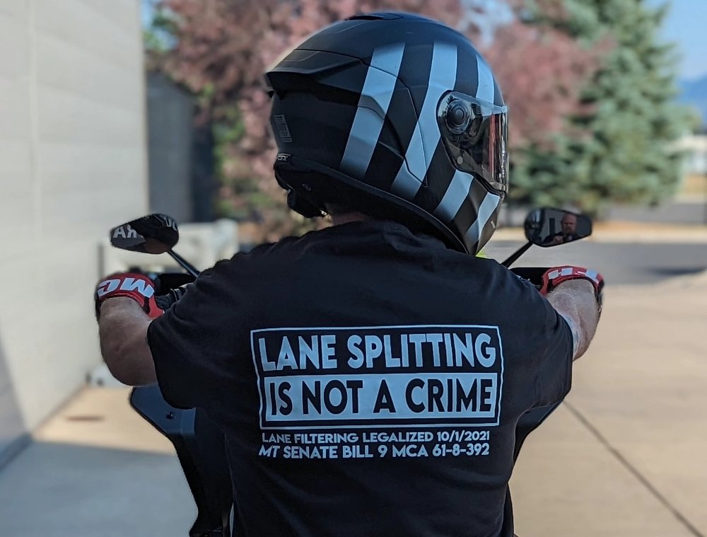 back of a T-shirt that says 'lane splitting is legal'