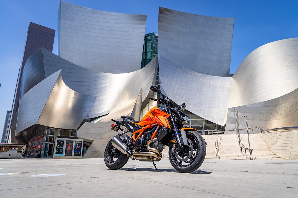 A KTM 1390 Super Duke R parked in front of Walt Disney Concert Hall in downtown Los Angeles.