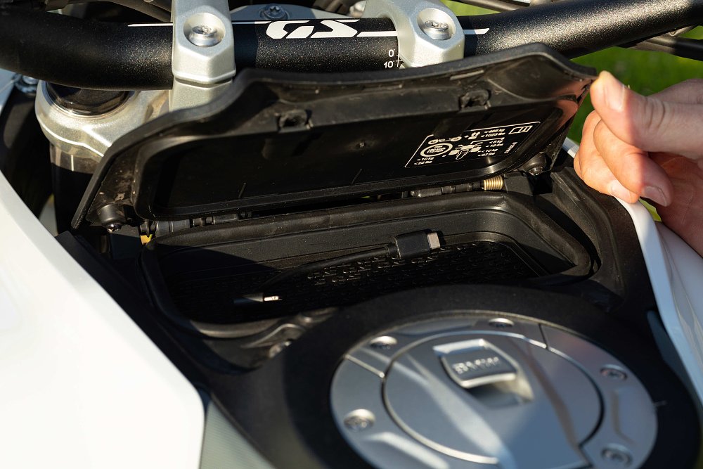 2024 BMW R 1300 GS storage compartment detail.