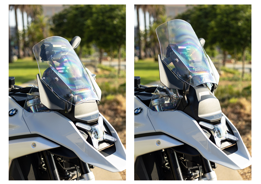 2024 BMW R 1300 GS windshield detail photos, showing the highest and lowest positions.