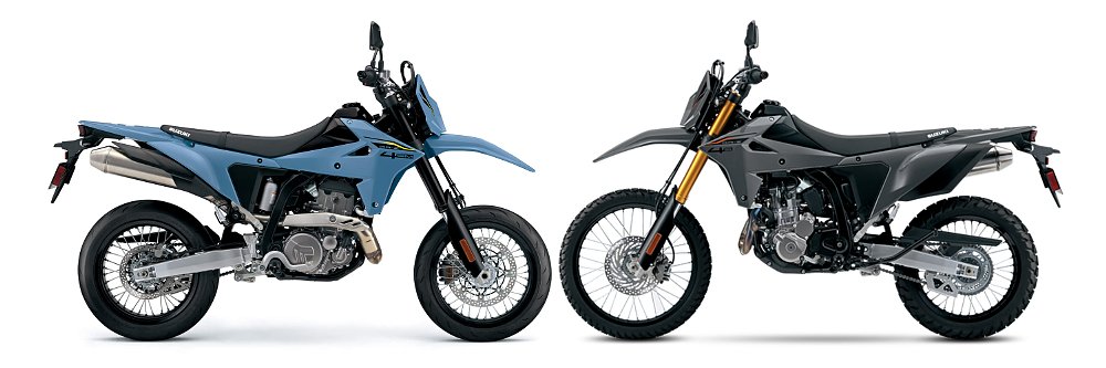 A Suzuki DR-Z4SM and DR-Z4S parked head-to-head before a white background.
