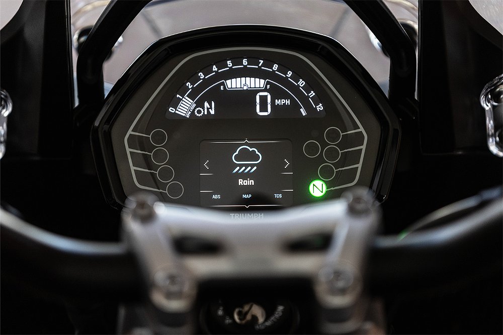A close-up of the Tiger Sport 800's LCD/TFT dash.