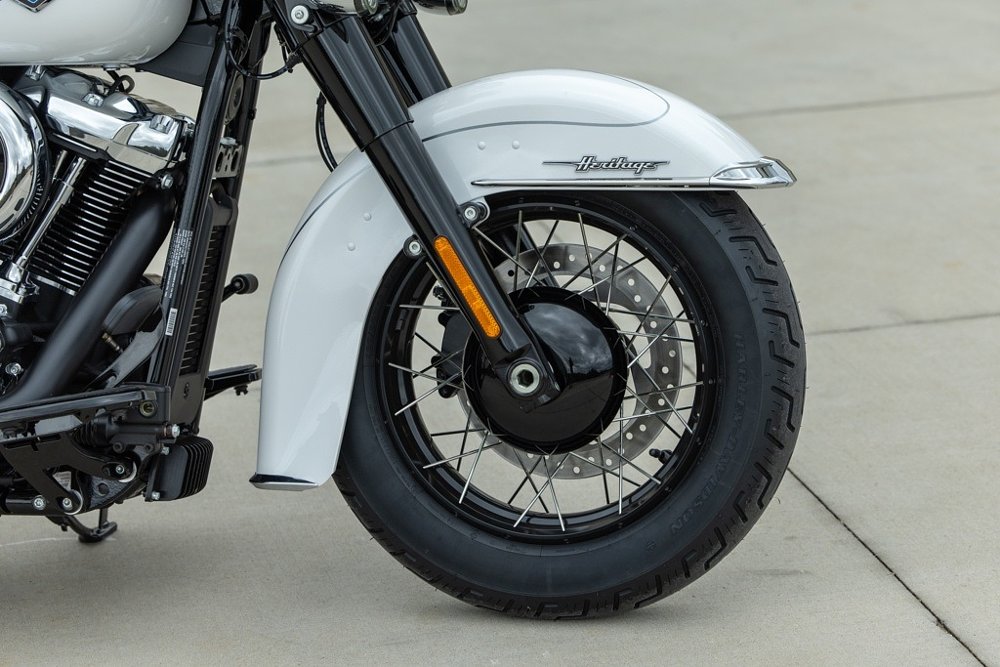 close view of the spoked front wheel on the Heritage Classic