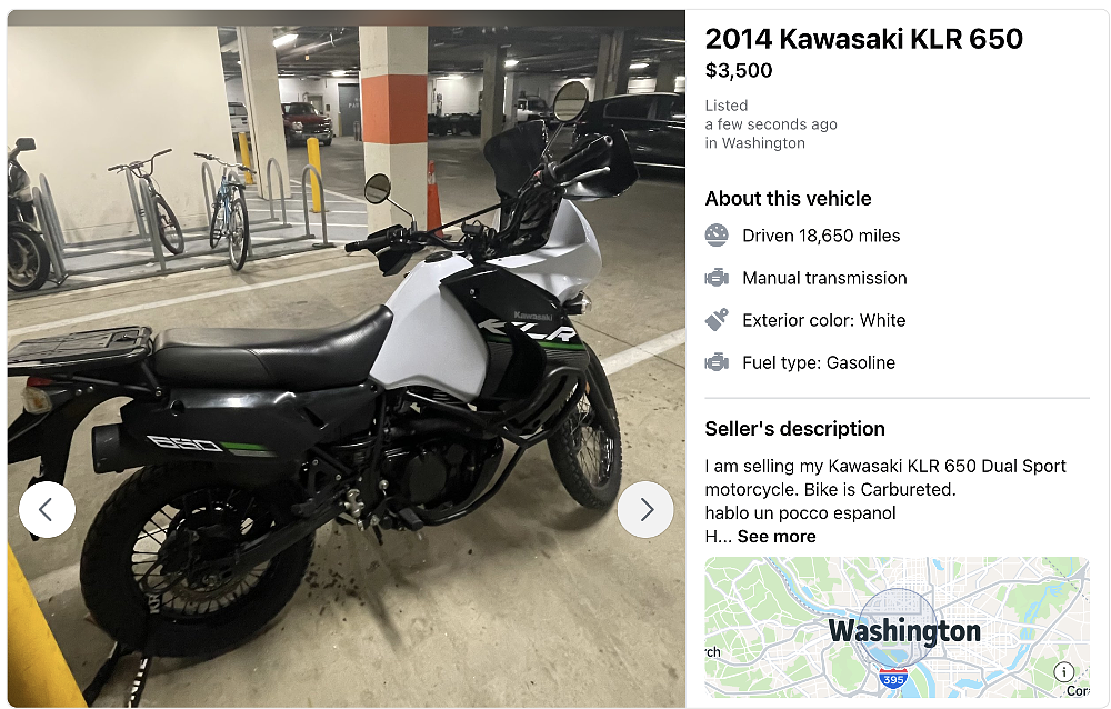 Facebook Marketplace ad for the KLR650 for sale